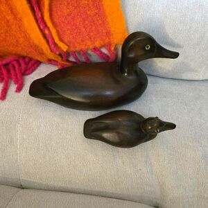 2 Vintage Made in Taiwan Hand Carved Wooden Ducks